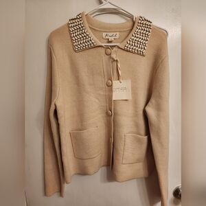 Marled Beaded Collar Cardigan Sweater | Neutral Parchment M